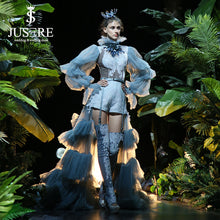 Load image into Gallery viewer, Jusere Unique Design Hign Crumpled Neck Hand Made Appliques Puffy Lattern Sleeves Short Pants Boots Tiered Evening Dress 2018