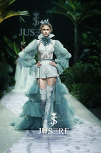 Load image into Gallery viewer, Jusere Unique Design Hign Crumpled Neck Hand Made Appliques Puffy Lattern Sleeves Short Pants Boots Tiered Evening Dress 2018