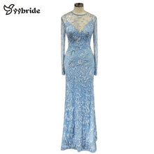 Load image into Gallery viewer, Gorgeous Mermaid Prom Dress Long Sleeves Scoop Neck Beading Dress Floor Length Customized Crystals Light Blue Celebrity Dresses
