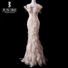Load image into Gallery viewer, Off Shoulder Plugging V neckline Zipper Up Back Floor Length Elegant Queen Luxury Feather Mermaid Champagne Evening Dress 2018
