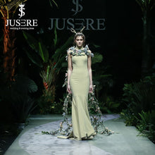 Load image into Gallery viewer, Fashion Show Top Elastic Fabric Sheath Open Back High Neckline Long Train Mustard Green Evening Dress
