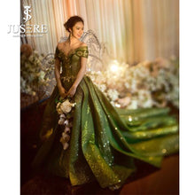 Load image into Gallery viewer, Off the Shoulder Scoop Neckline Green Gold Color Middle East Arabic Puffy Shiny Elegant Golden Green Evening Dress
