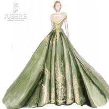 Load image into Gallery viewer, Off the Shoulder Scoop Neckline Green Gold Color Middle East Arabic Puffy Shiny Elegant Golden Green Evening Dress

