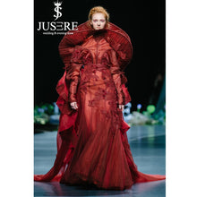 Load image into Gallery viewer, Burgundy High Collar Long Evening Dress Lace Appliques Embroidery Flower Floor Length Formal Gowns
