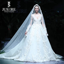 Load image into Gallery viewer, Luxury Beading Flowers Bridal Dress Cathedral Long Train V Neckline Illusion Long Sleeves Big A line Bridal Wedding Dress
