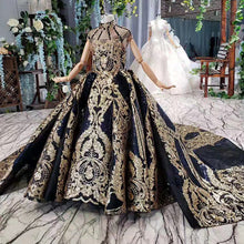 Load image into Gallery viewer, Luxury Dubai Kids Evening Ball Gown Black Gold Glizy Pageant Dress Little Girls Arabic Black Flower Girl Dresses with Train
