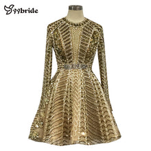Load image into Gallery viewer, New Luxury Gold Beading Cocktail Dresses Full Sleeves Crystals Party Dresses Mini Short Backless Scoop Vintage Celebrity Dresses
