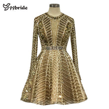 Load image into Gallery viewer, New Luxury Gold Beading Cocktail Dresses Full Sleeves Crystals Party Dresses Mini Short Backless Scoop Vintage Celebrity Dresses
